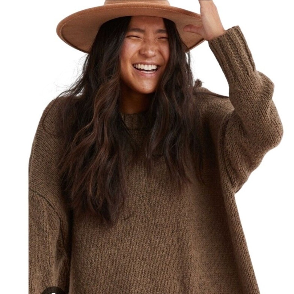 Aerie Oversize Wool Alpaca Blend Olive Green Chunky Knit Crewneck Sweater Medium